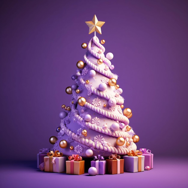 3D and Cute Christmas Tree with Gift Boxes and Decorations in Purple and Gold Generative AI