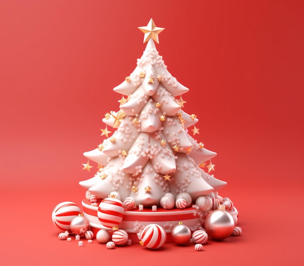 3D and Cute Christmas Tree with Gift Boxes and Decorations in Red and Gold Generative AI