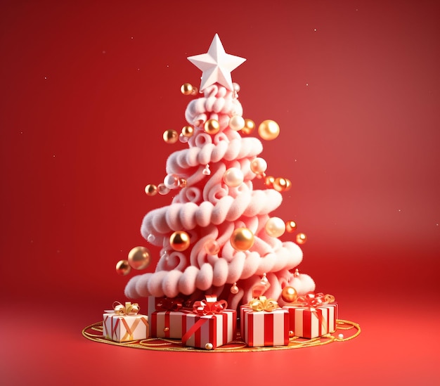 3D and Cute Christmas Tree with Gift Boxes and Decorations in Red and Gold Generative AI