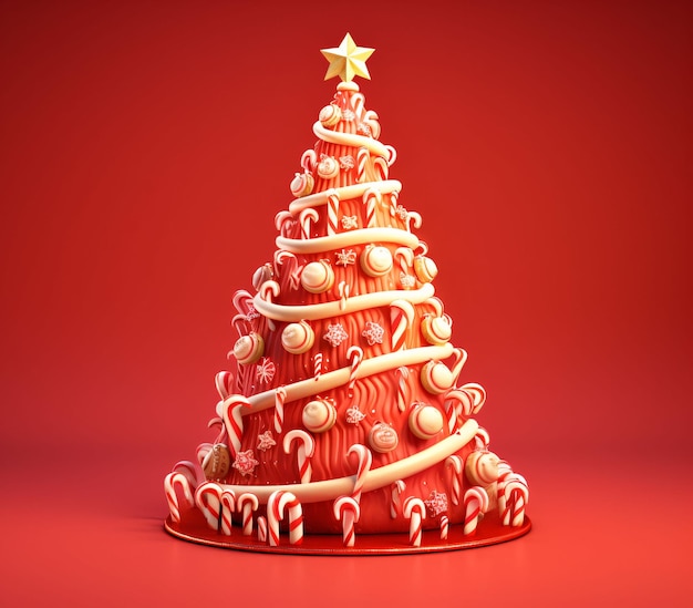 3D and Cute Christmas Tree with Gift Boxes and Decorations in Red and Gold Generative AI