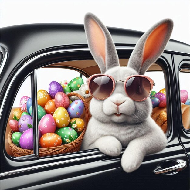 Photo 3d cute easter bunny with sunglasses looking out of a car filled with easter eggs generated by ai