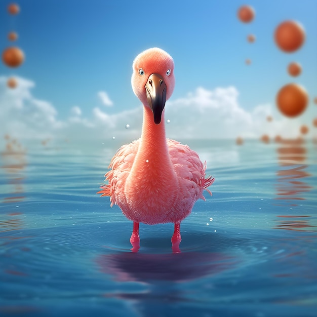 3D Cute Flamingo Standing Into Water Front Pose Ai Generated