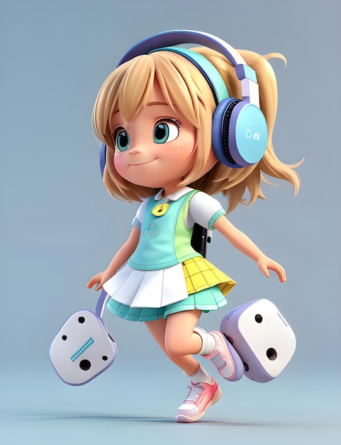 3d cute girl character listening to music and dancing through headphones