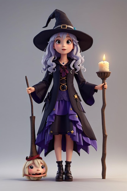 3d cute girl wear halloween witch dress