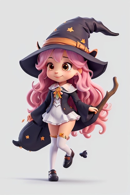 3d cute girl wear halloween witch dress