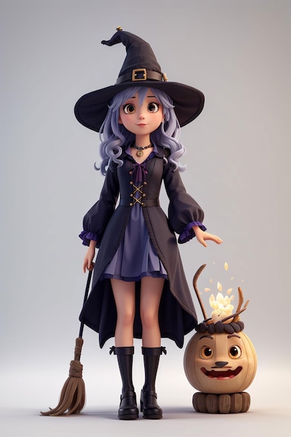 3d cute girl wear halloween witch dress