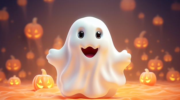 3d Cute and happy cartoon Ghost holding gift box pumpkin for Halloween with empty space Ai generated