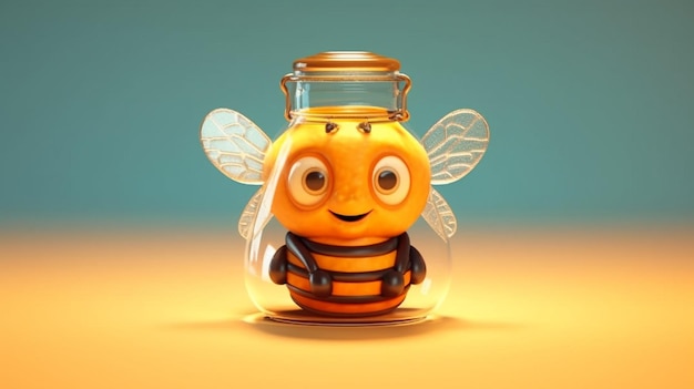 Photo 3d cute honey bee cartoon character and honey jar generative ai