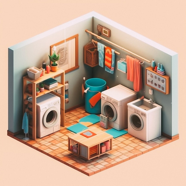 3D cute isometric laundry room