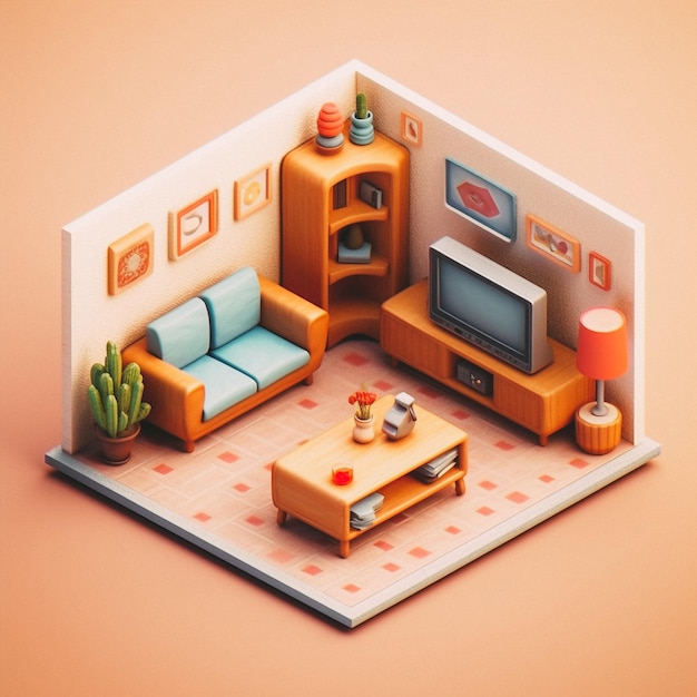 3D cute isometric tv room