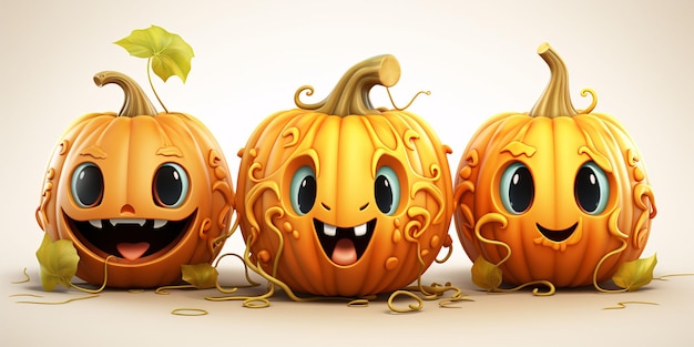 3D and Cute Jack O Lanterns with Cartoon Style Halloween Pumpkins Generative AI