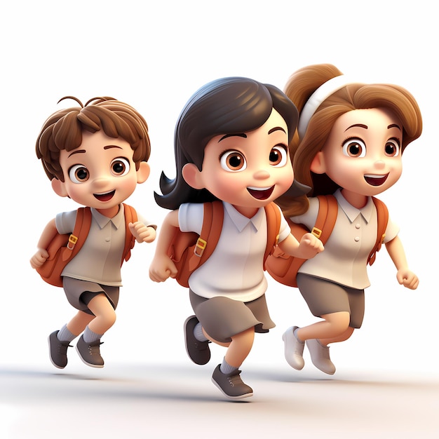 3d cute kids run to school white background