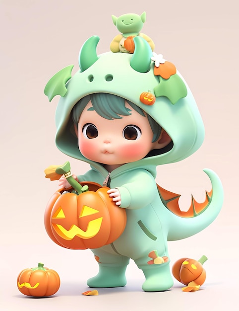 3d cute little boy with funny green dragon costume for Halloween party