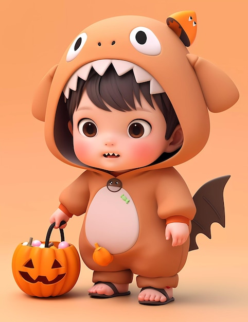 3d cute little boy with funny monster costume with a Halloween theme