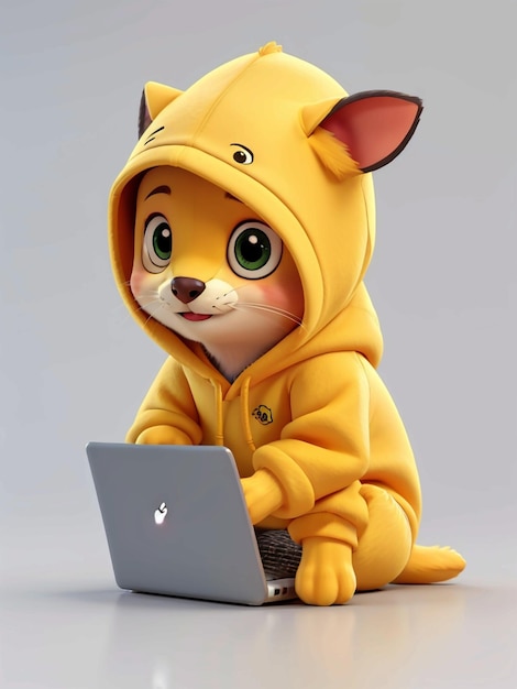 3D cute mascot of hoodie at looking for laptop