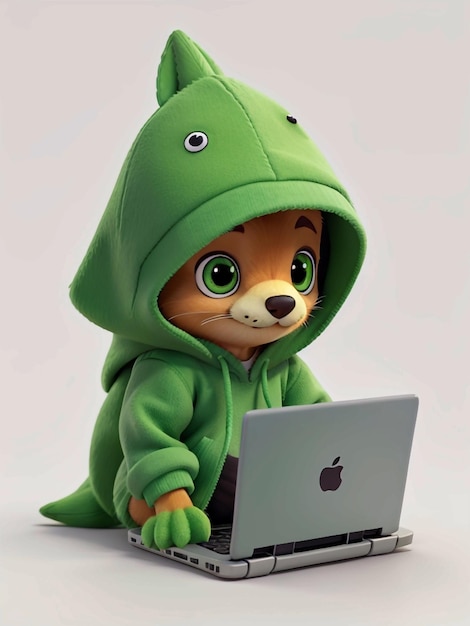 3D cute mascot of hoodie at looking for laptophack hacker cyber crime anonymous hacker animal ma