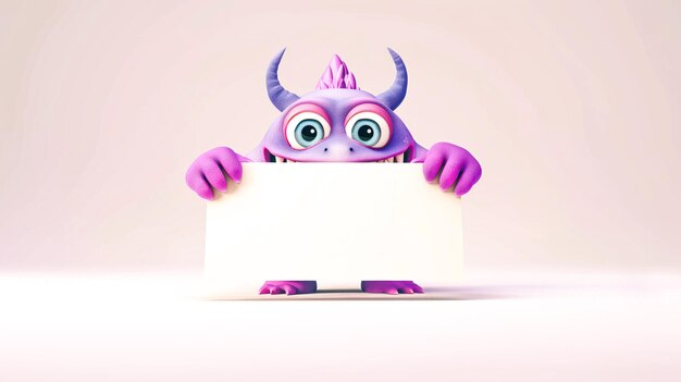 Photo 3d cute monster holding up a blank sign