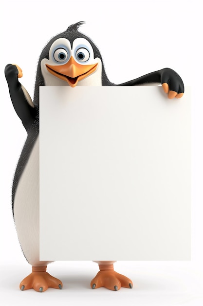 3d Cute penguin holding a white sign on a white background