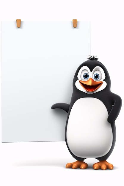 3D Cute penguin holding a white sign on a white background