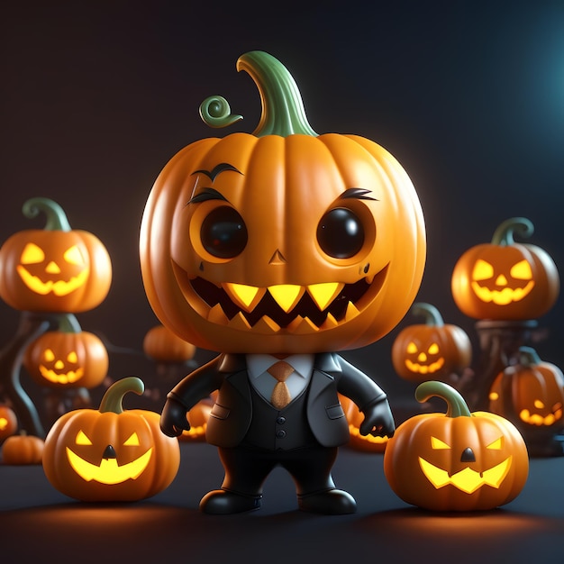 3d cute pumpkin monster in formal suito on halloween