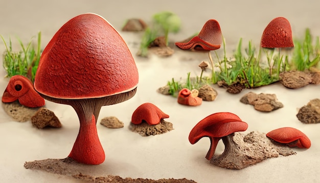 3D Cute Red Mushroom In The Ground Illustration delicious food