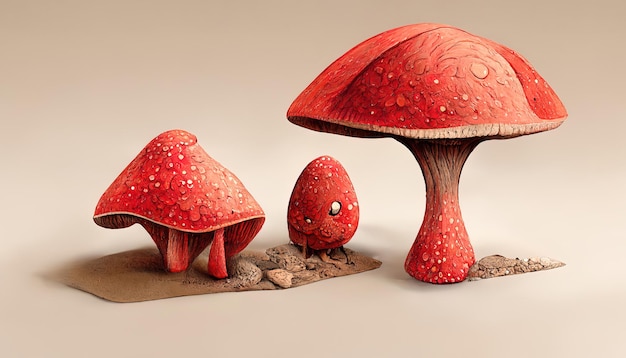 3D Cute Red Mushroom In The Ground Illustration Generative Ai