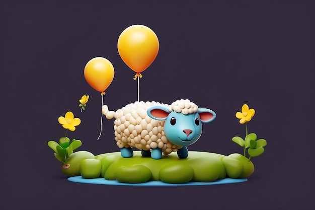 3D Cute sheep floating with balloon and pot cartoon