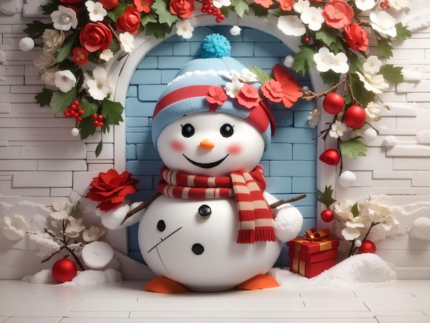 3d cute snow man in wall floral chrismass backgrounChristmas d Christmas decoration little snowman