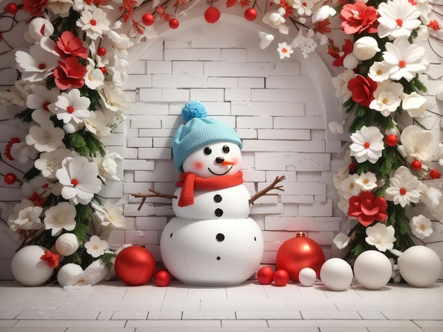 3d cute snow man in wall floral chrismass backgrounChristmas d Christmas decoration little snowman