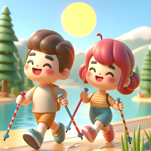 3D cute style of a cheerful couple joyfully Nordic walking along a serene lakeside under the warm a