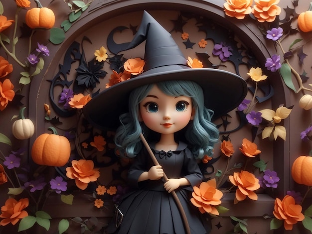 3d cute witch wall floral halloween background