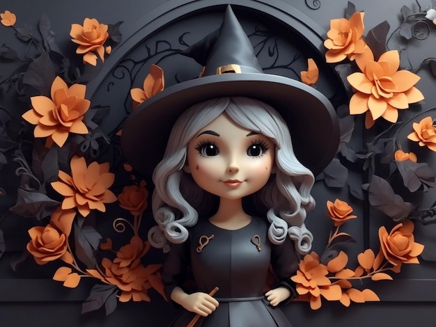 3d cute witch wall floral halloween background