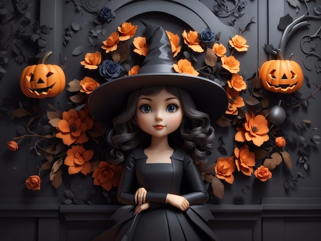 3d cute witch wall floral halloween background