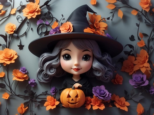 3d cute witch wall floral halloween background