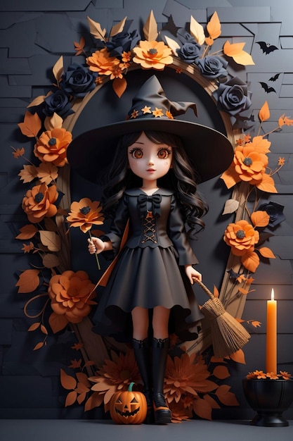 3d cute witch wall floral halloween background