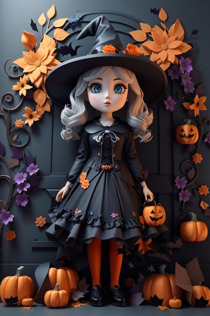 3d cute witch wall floral halloween background