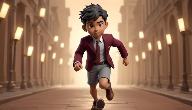 3d cute young businessboy character run front generative ai