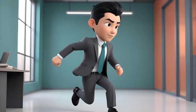 3d cute young businessboy character run front generative ai