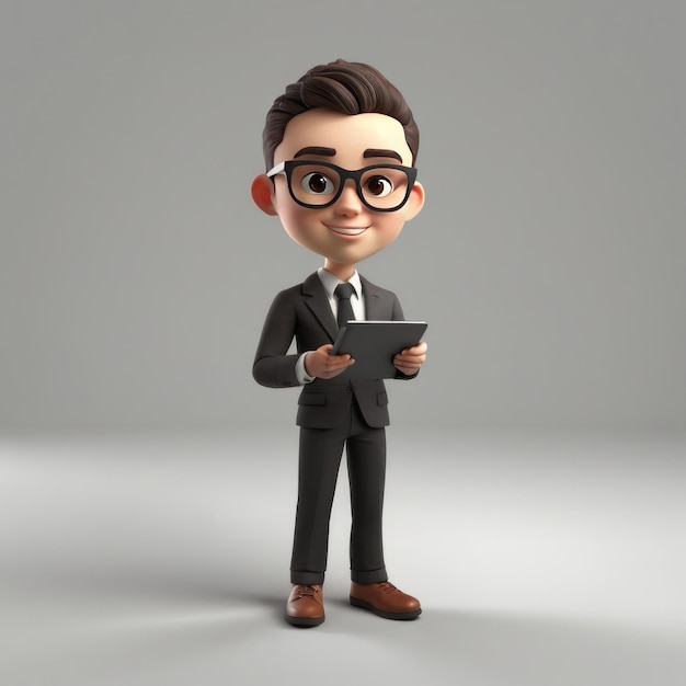 3d cute young businessman character with tablet a white background