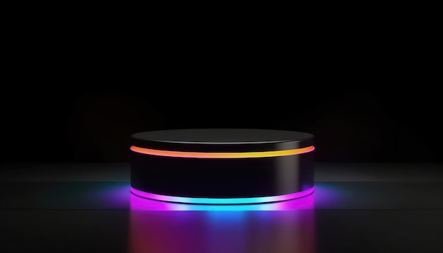 3D dark full podium with neon rainbow light on a black background Generate AI