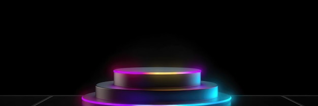 3D dark full podium with neon rainbow light on a black background Generate AI