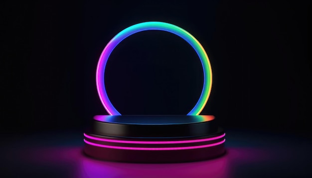 3D dark full podium with neon rainbow light on a black background Generate AI