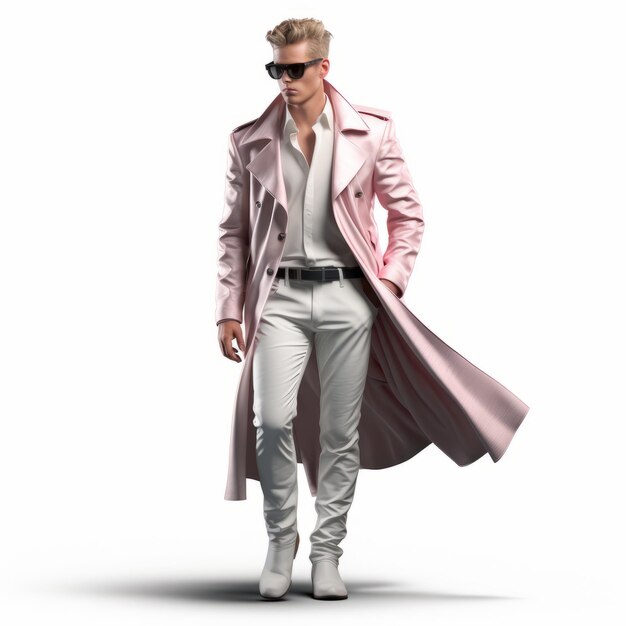 Photo 3d david fashion photorealistic rendering of a model man in a pink trench coat