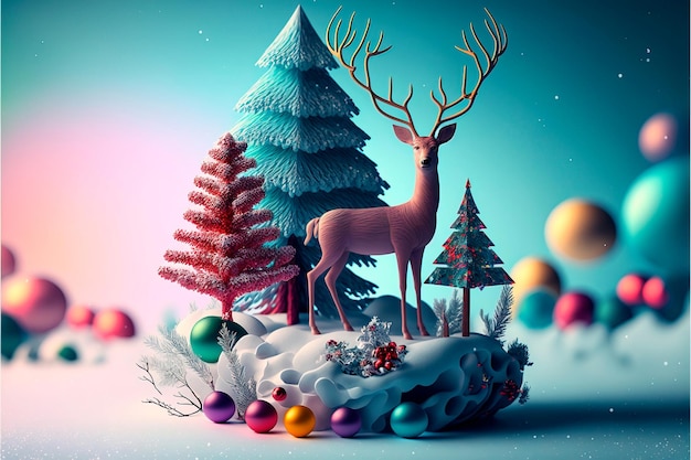 3d decorative design objects big and small deer gift boxes snowy trees gold confetti Happy New Year