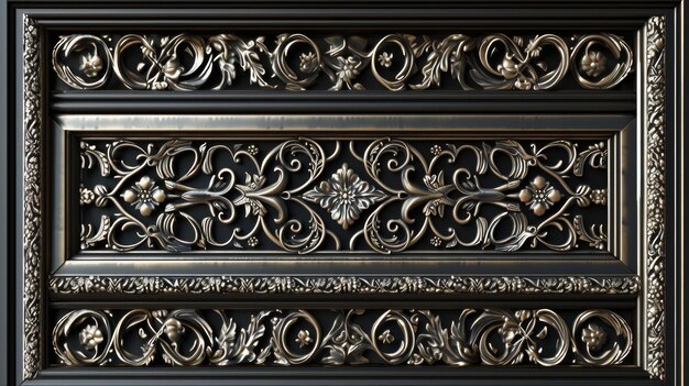 a 3D decorative frame border crafted from thin line steel exuding a sense of luxury and elegance set against an ebony black background enhancing its opulent allure