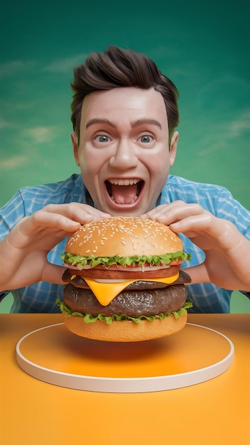 3d delicious burger with excited man