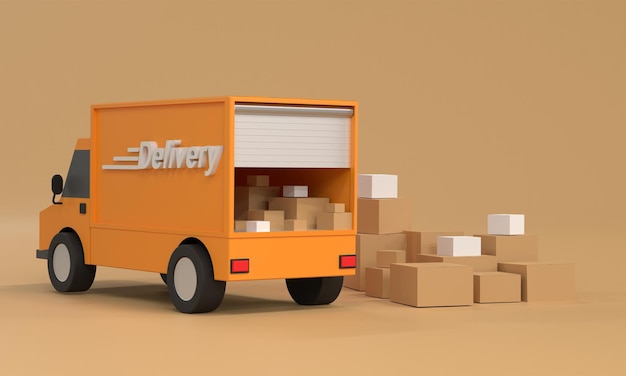 3D Delivery van and cardboard boxes Product goods shipping transport Fast service truck