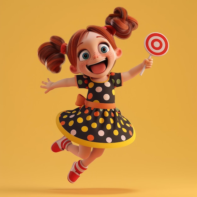 3D Depicting An Excited Girl With Pigtails And A Polka Dot Dress Holding A Lollipop And Jumping