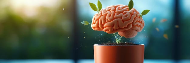 Photo a 3d depicting a human brain sprouting leaves symbolizing intellectual growth knowledge pot