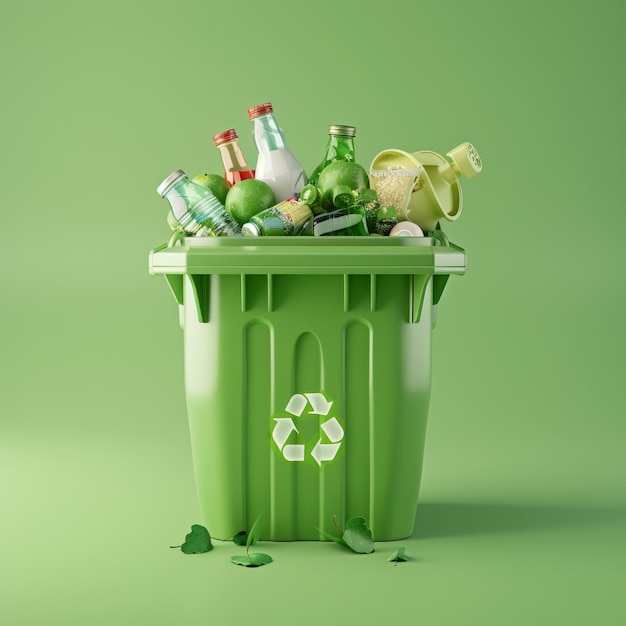 A 3D depiction of a green recycling bin overflowing with recyclable materials AI Generative